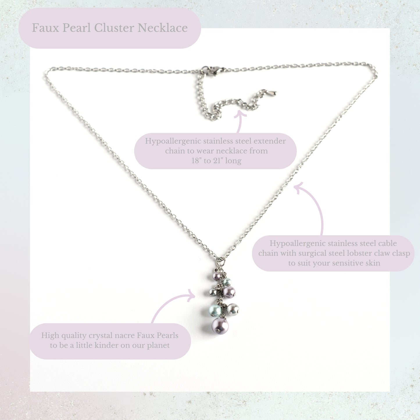 Faux pearl cluster necklace product information graphic