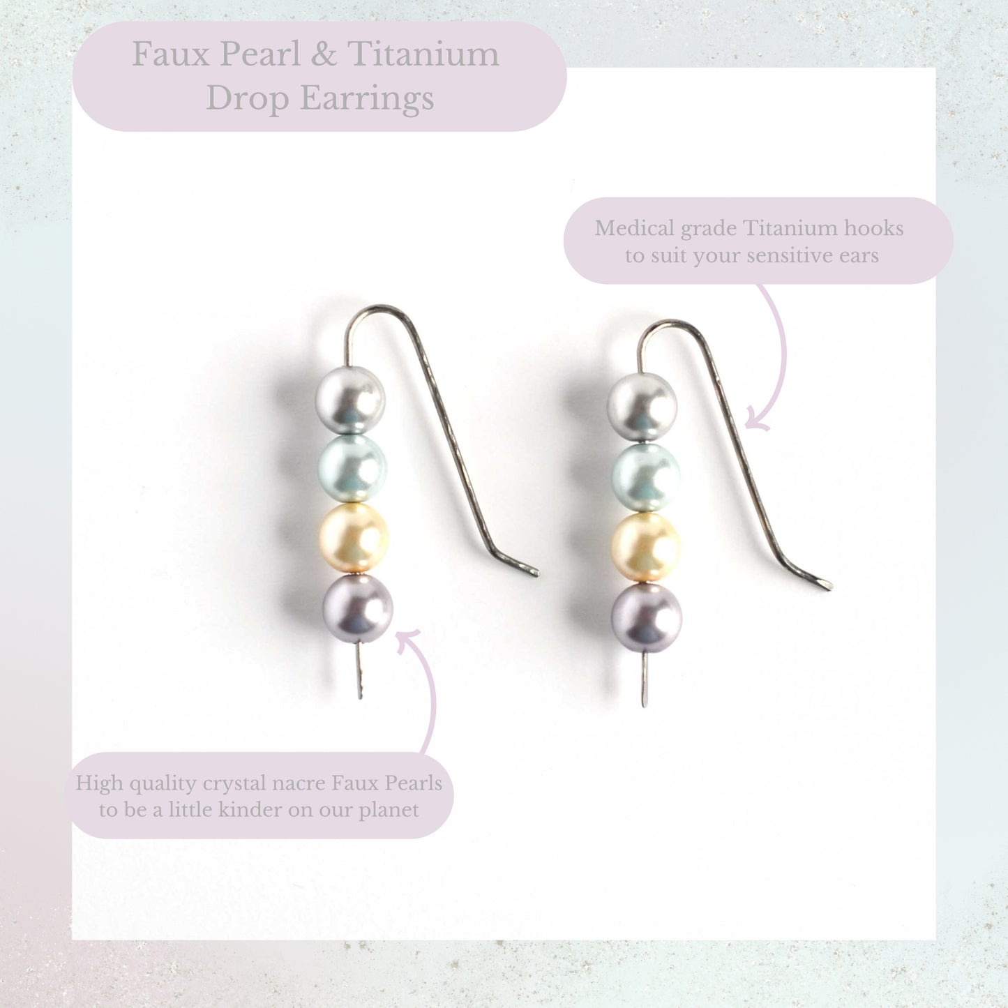 Faux pearl and Titanium drop earrings product information graphic
