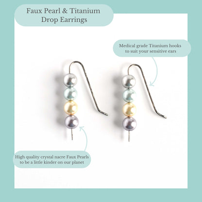 Faux pearl and Titanium drop earrings product information graphic
