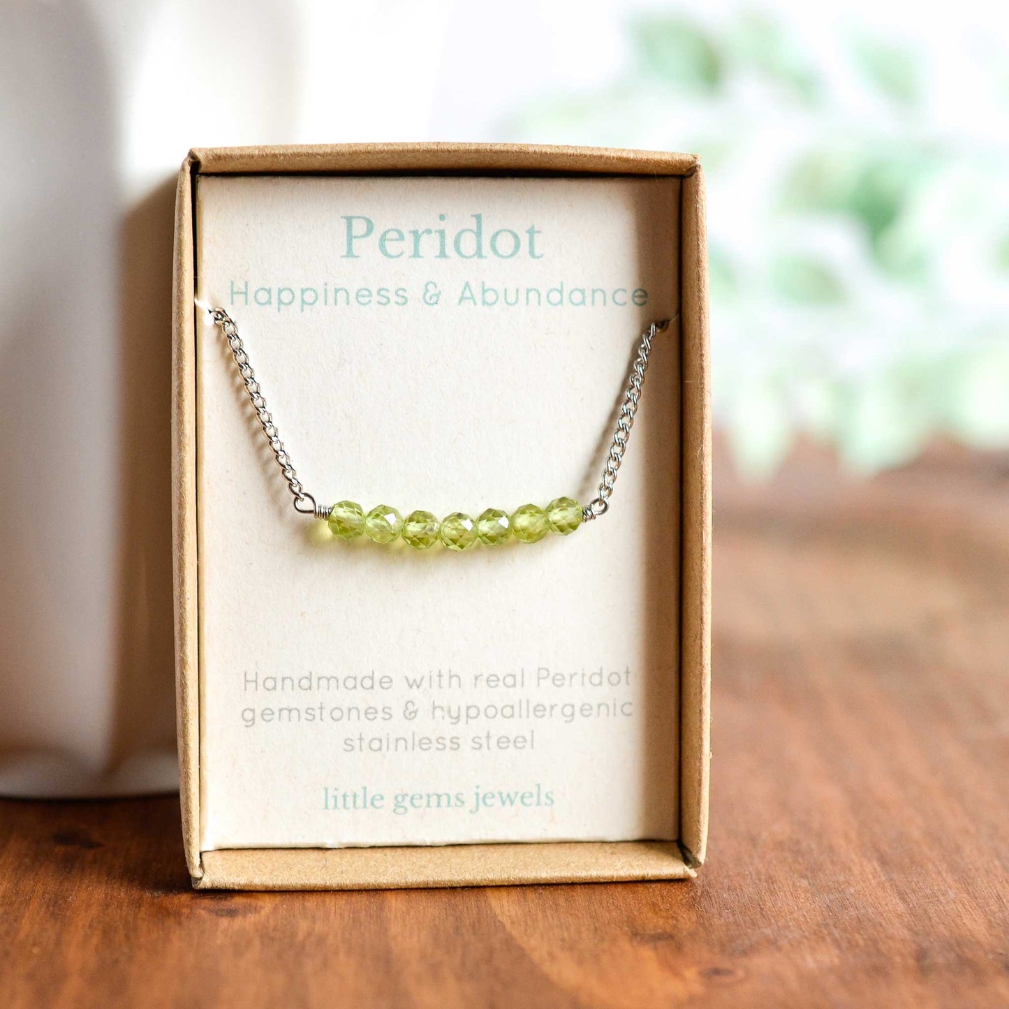 Dainty Peridot gemstone necklace in gift box