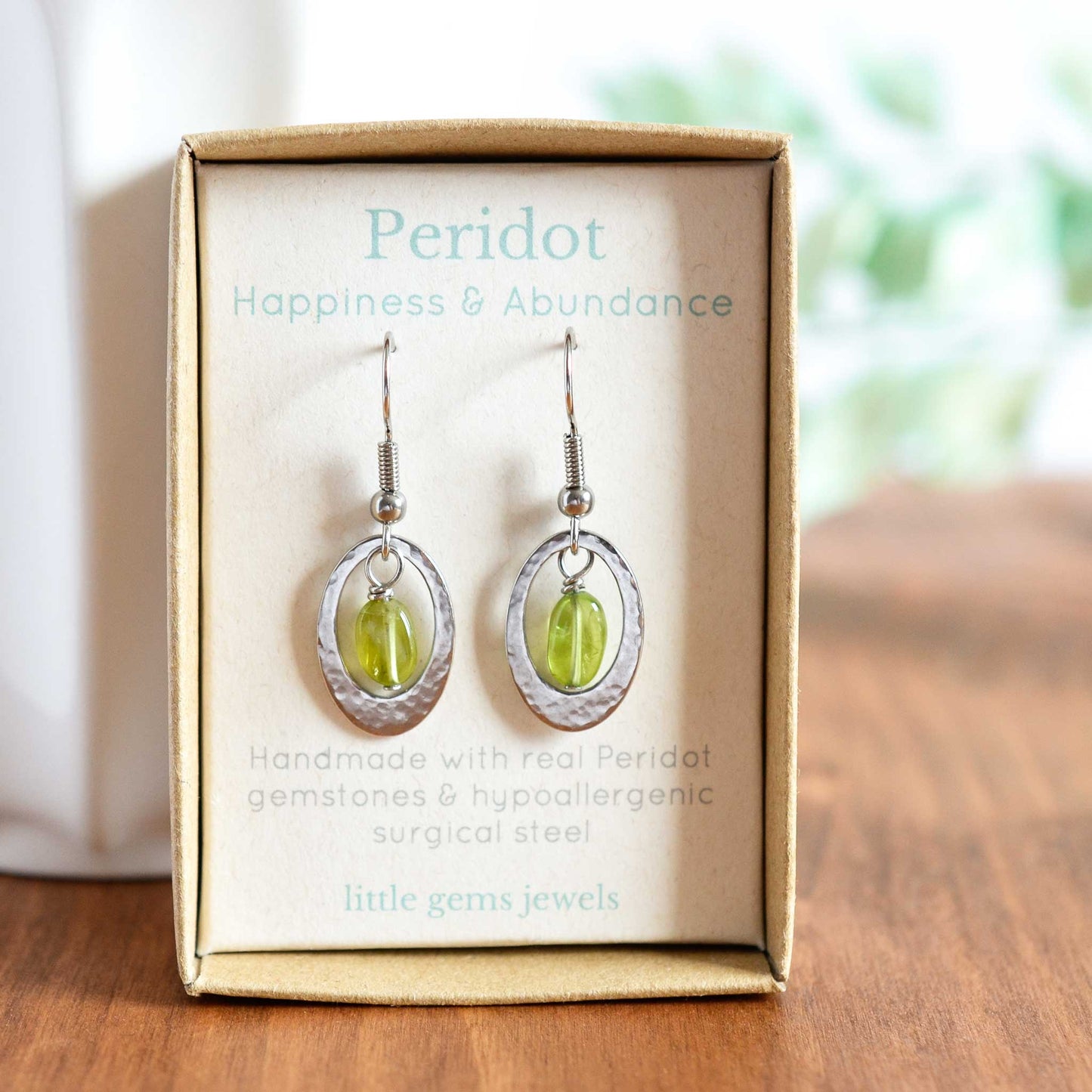 Peridot drop earrings in eco friendly gift box