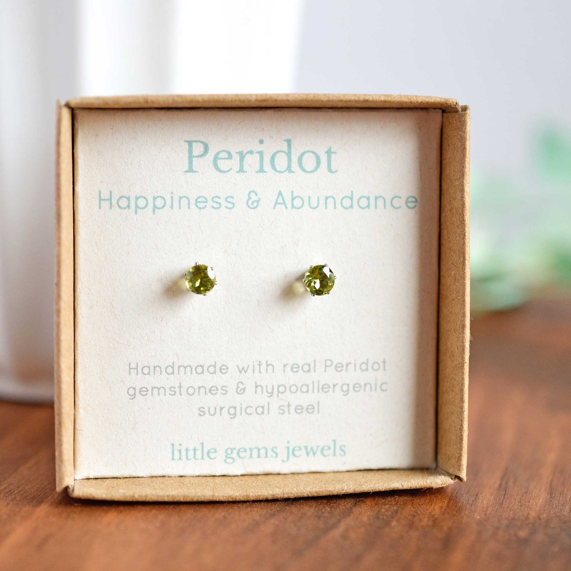 Tiny Peridot gemstone stud earrings in gift box