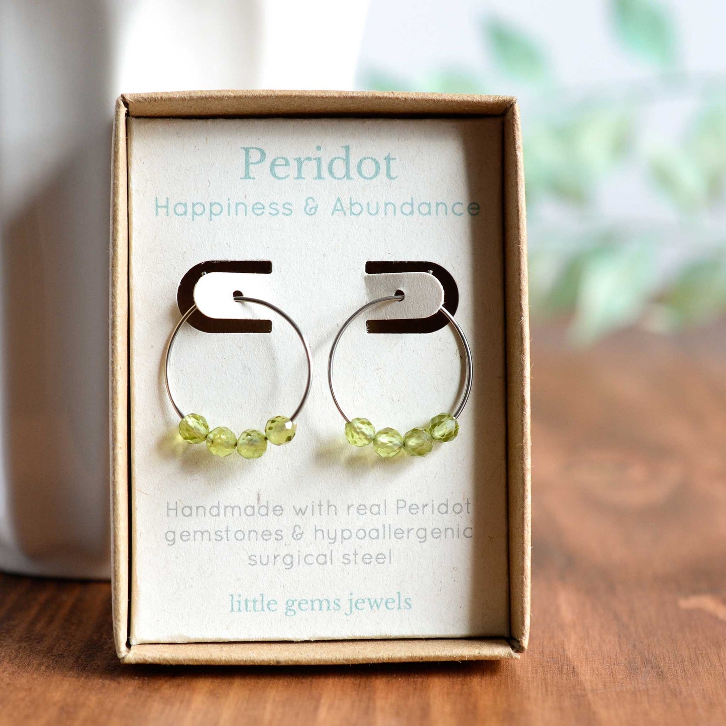 Green Peridot gemstone hoop earrings in gift box