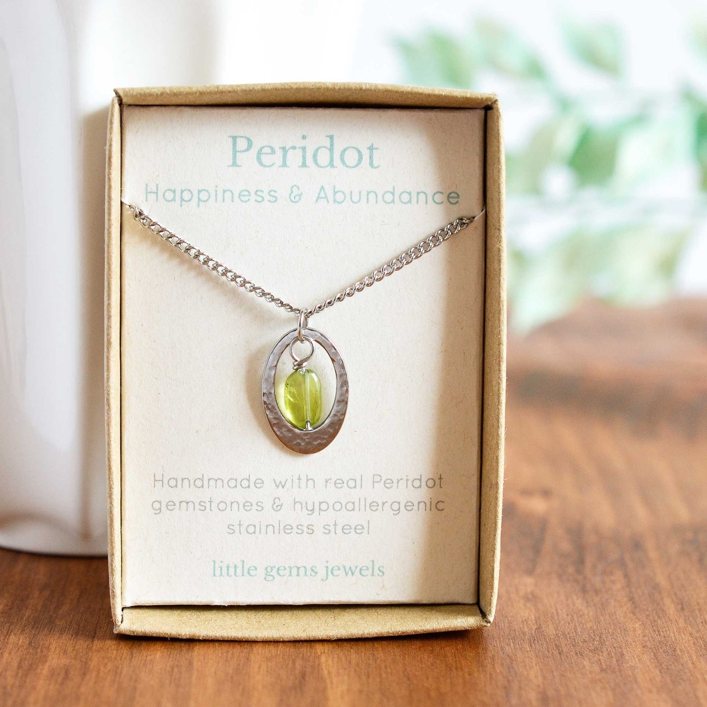 Oval pendant necklace with Peridot gemstone in gift box
