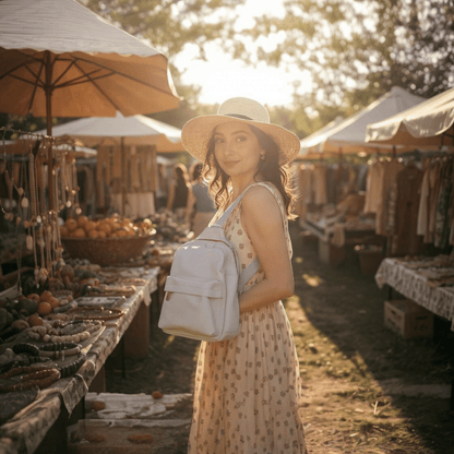 Woman with a pale off white backpack at an outdoor market