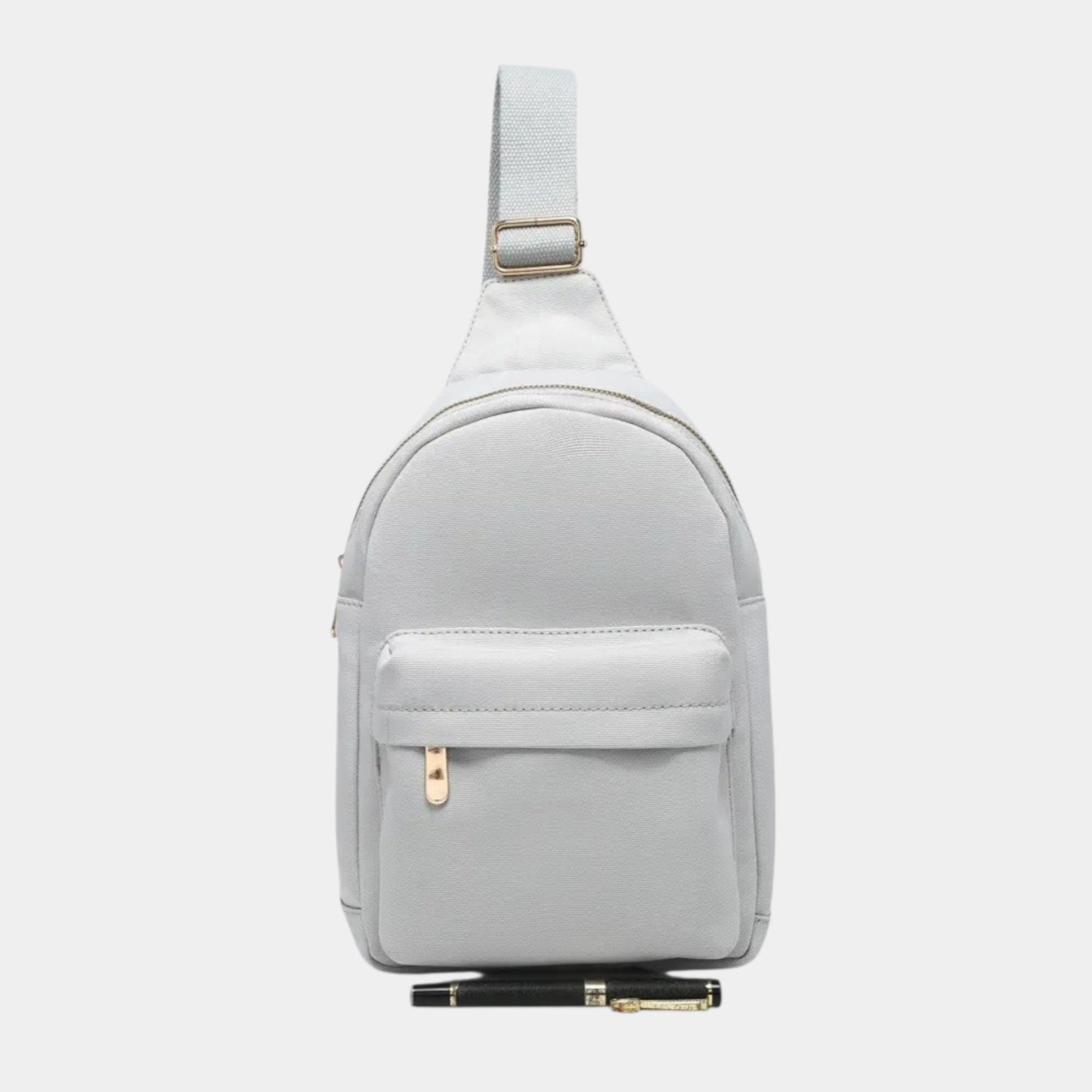 Light gray sling bag on a white background