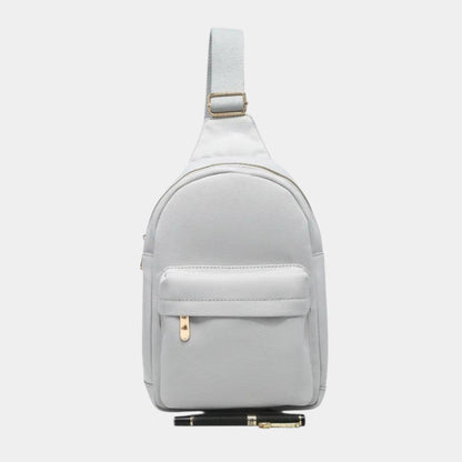 Light gray sling bag on a white background