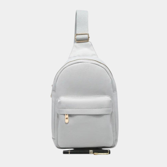 Light gray sling bag on a white background
