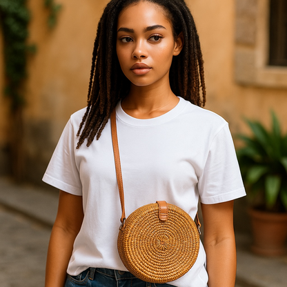 Woman wearing a white t-shirt and carrying a round woven bag in an outdoor setting.