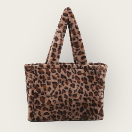 Leopard print tote bag on a light gray background