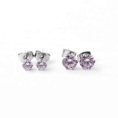 Pink CZ stud earrings in 4mm & 6mm sizes