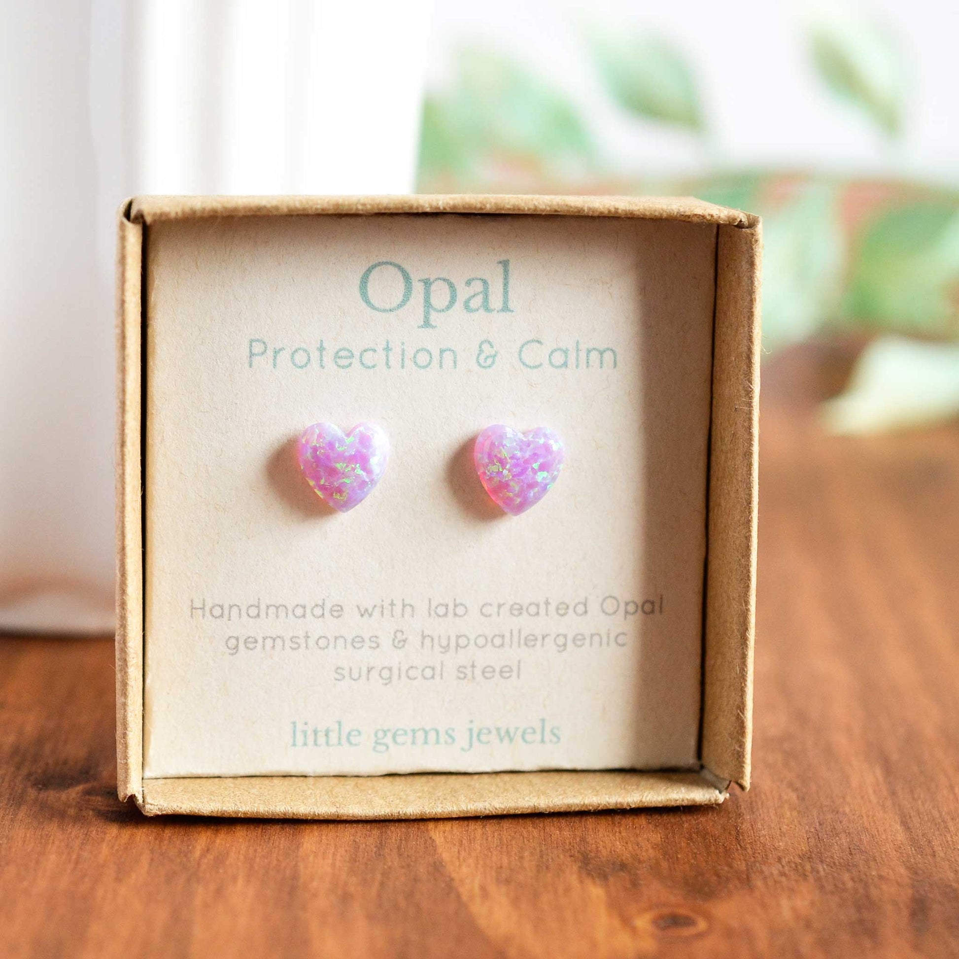Pink lab created Opal heart stud earrings in gift box