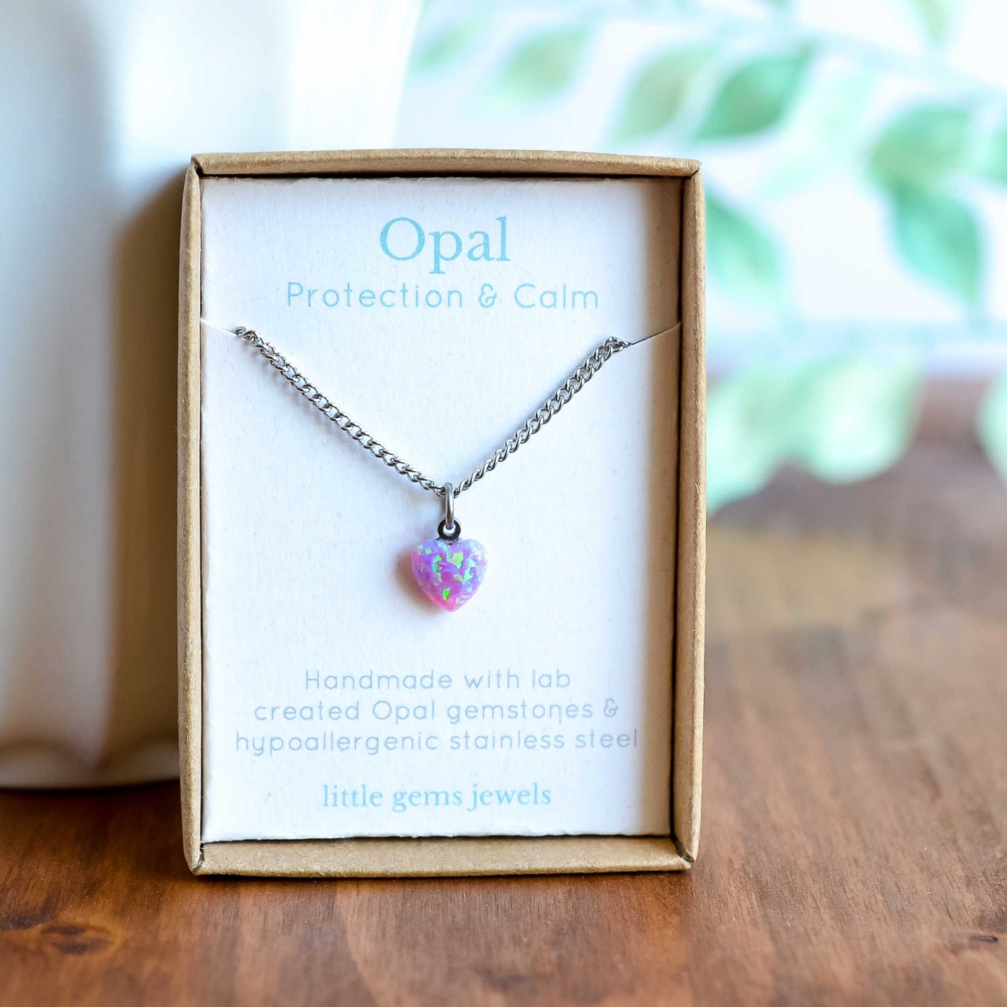 Lab created pink Opal heart necklace in gift box