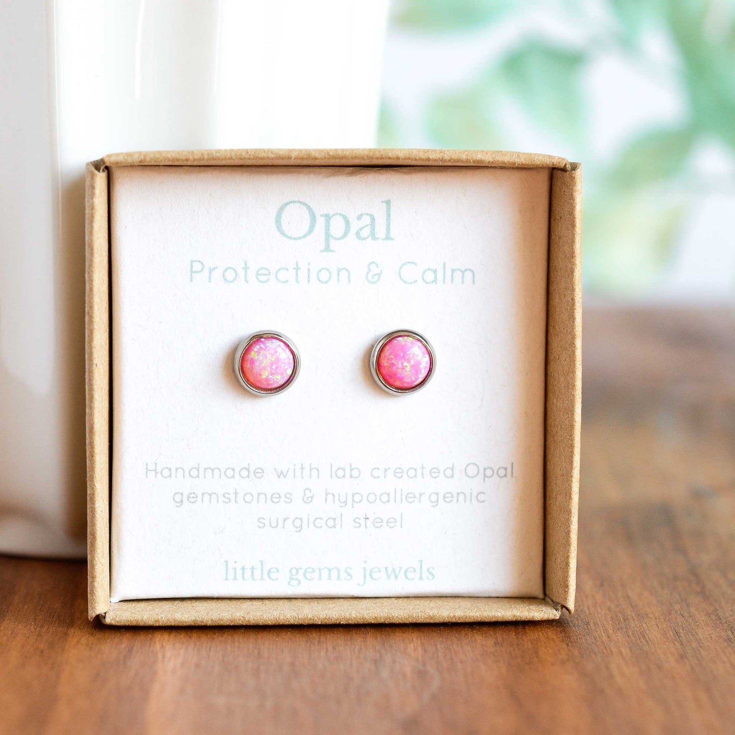 Pink Opal stud earrings in eco friendly gift box