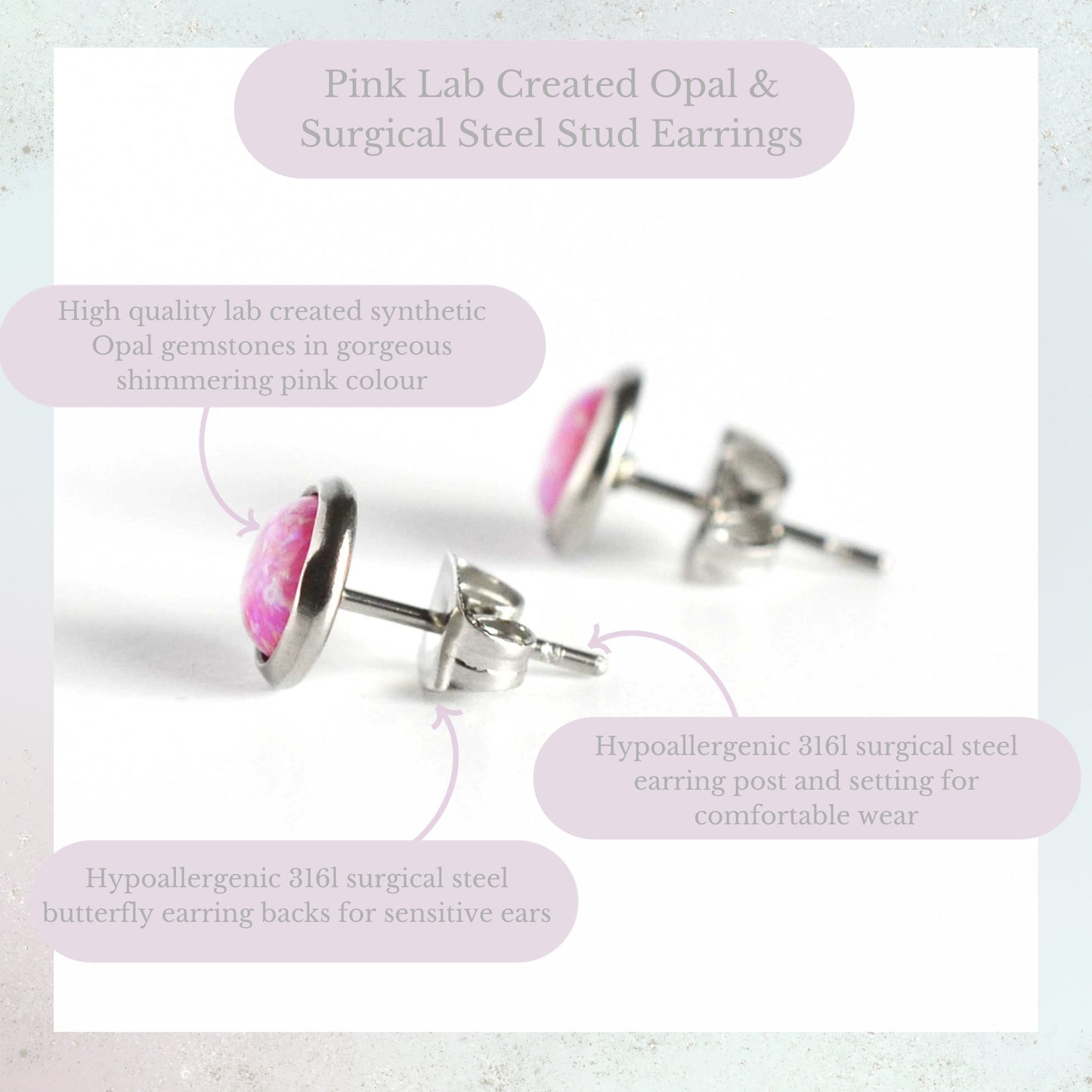 Pink Lab Created Opal & Surgical Steel Stud Earrings Product Information Graphic