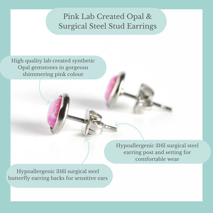 Pink Lab Created Opal & Surgical Steel Stud Earrings Product Information Graphic