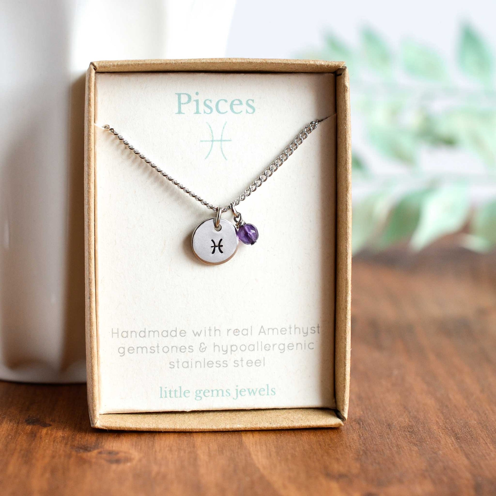 Pisces zodiac sign and stone necklace in eco-friendly gift box