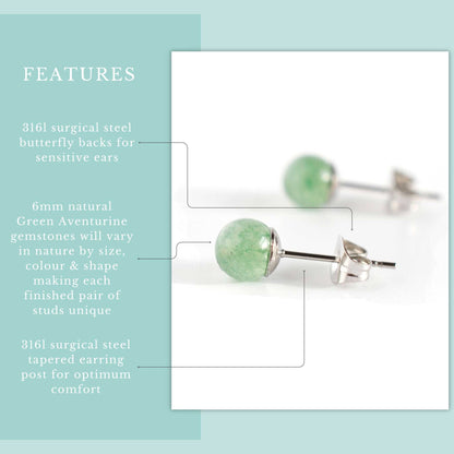 6mm green aventurine gemstone stud product informaion graphic. Real semi-precious gemstones and hypoallergenic surgical steel for sensitive ears.