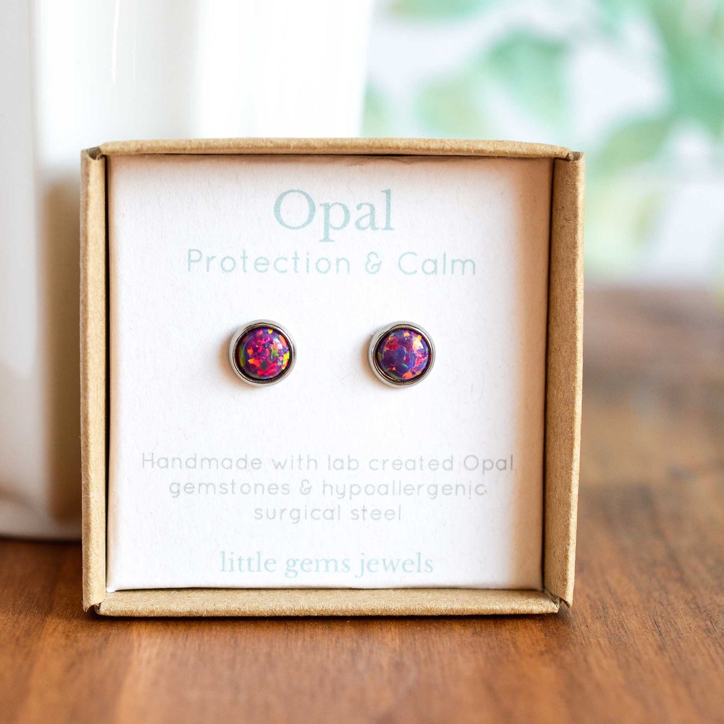 Purple Opal stud earrings in eco friendly gift box