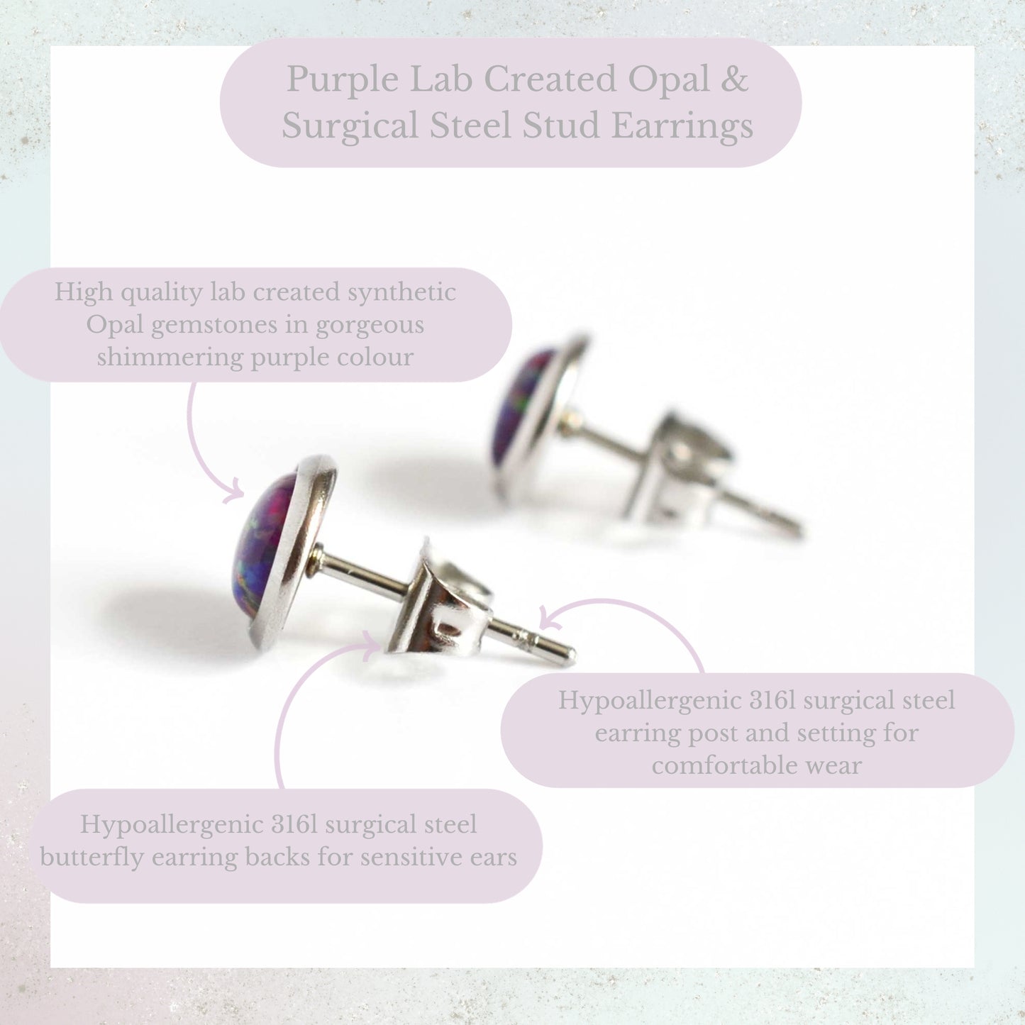 Purple Lab Created Opal & Surgical Steel Stud Earrings Product Information Graphic