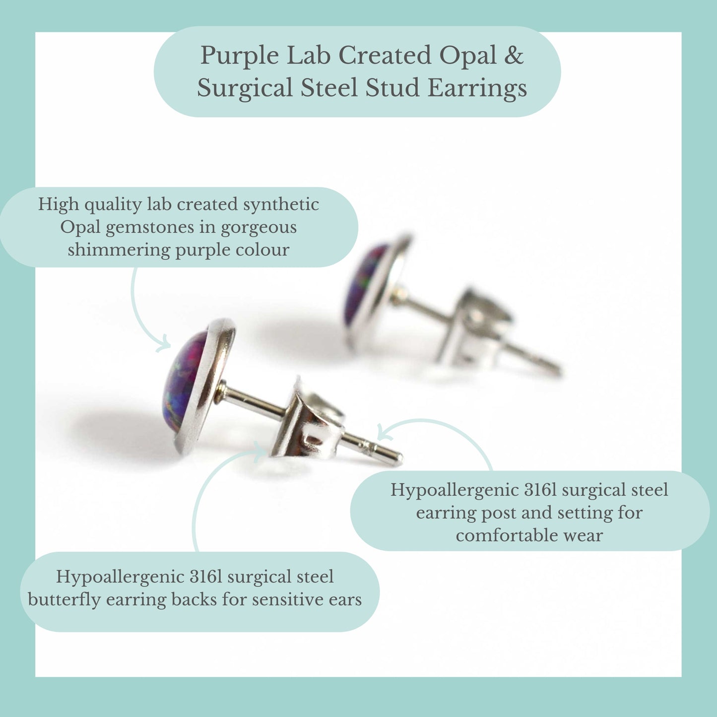 Purple Lab Created Opal & Surgical Steel Stud Earrings Product Information Graphic