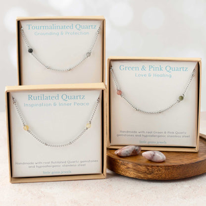 Green & Pink, Toumalinated & Rutilated Quartz gemstone anklets in eco friendly gift boxes