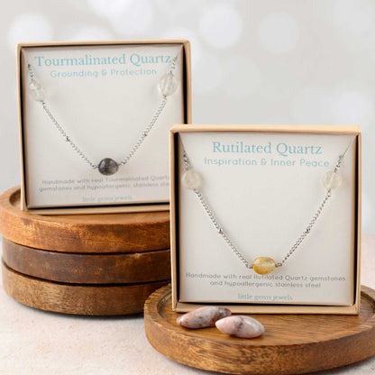 Tourmalinated Quartz & Rutilated Quartz gemstone necklaces in eco friendly gift boxes