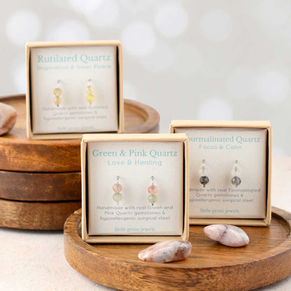 Toumalinated, Rutilated and Green & Pink Quartz gemstone stud earrings in eco friendly gift boxes