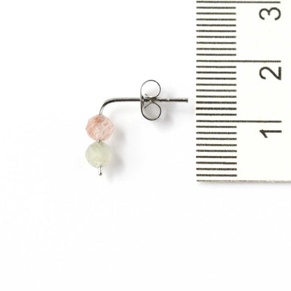 12mm long green & pink quartz stud earring next to ruler