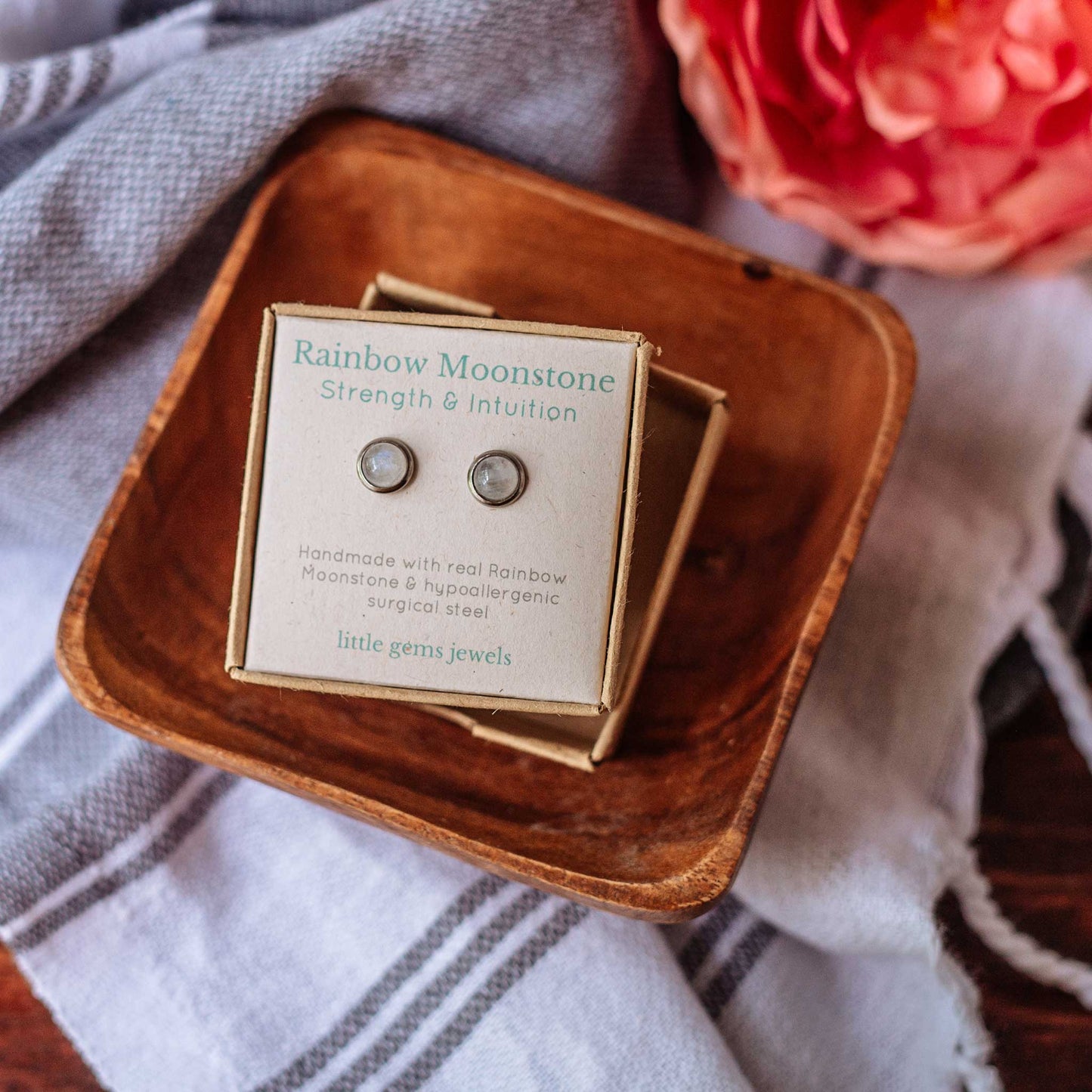 Rainbow Moonstone gemstone stud earrings in gift box