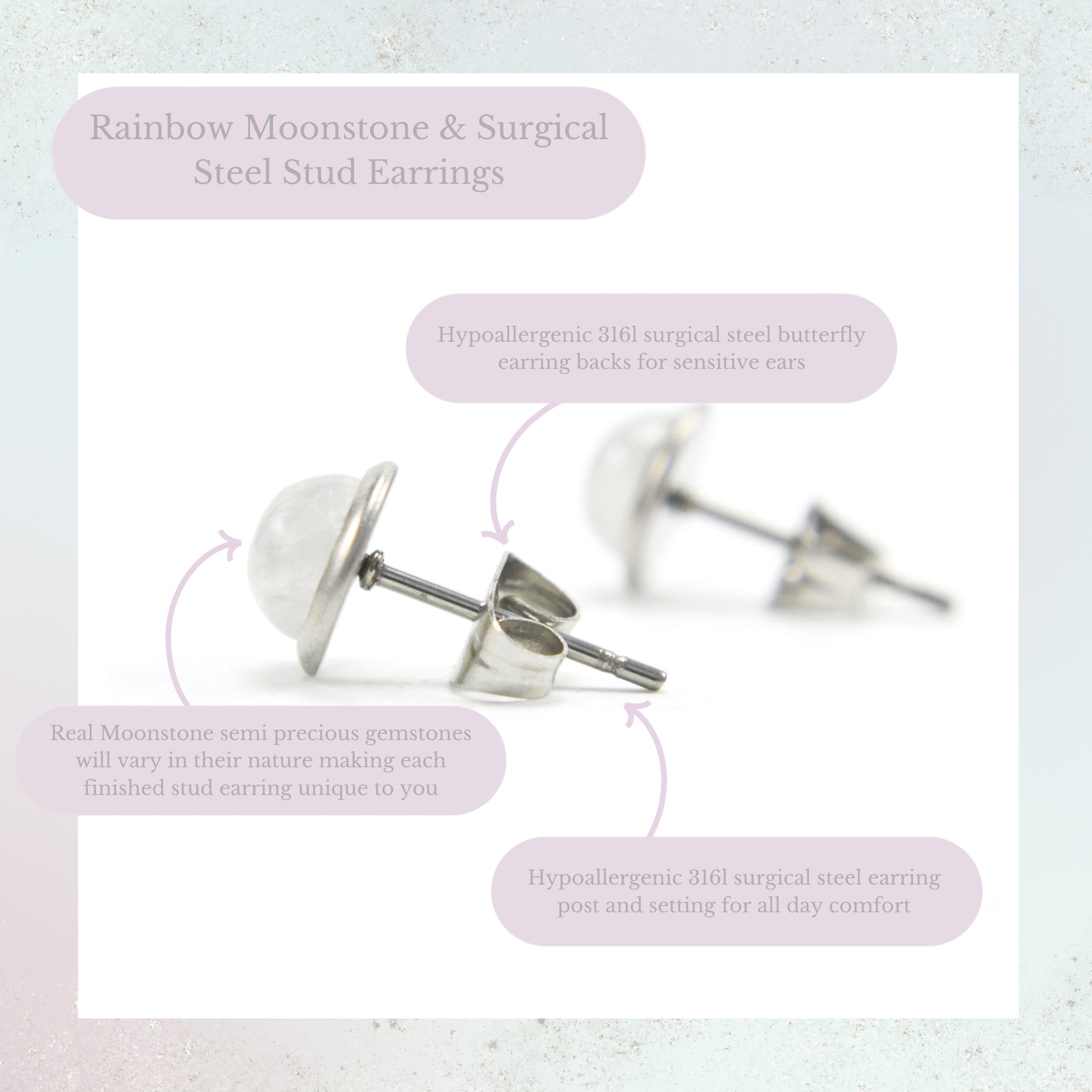 Rainbow Moonstone & Surgical Steel Stud Earrings Product Information Graphic