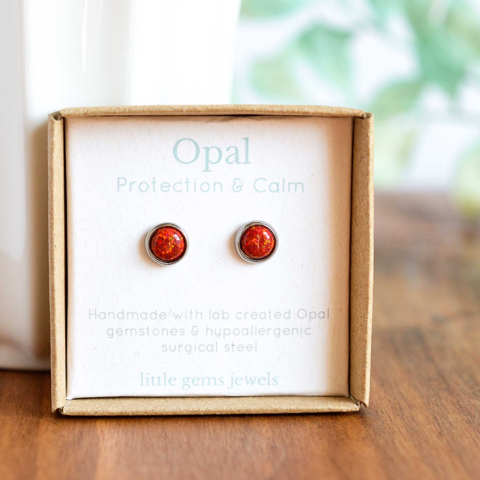 Red Opal stud earrings in eco friendly gift box