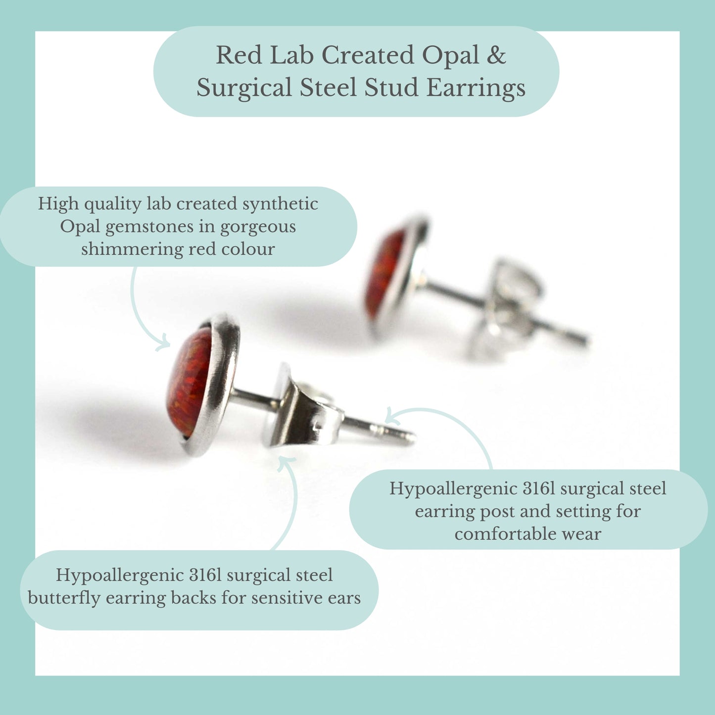 Red Lab Created Opal & Surgical Steel Stud Earrings Product Information Graphic