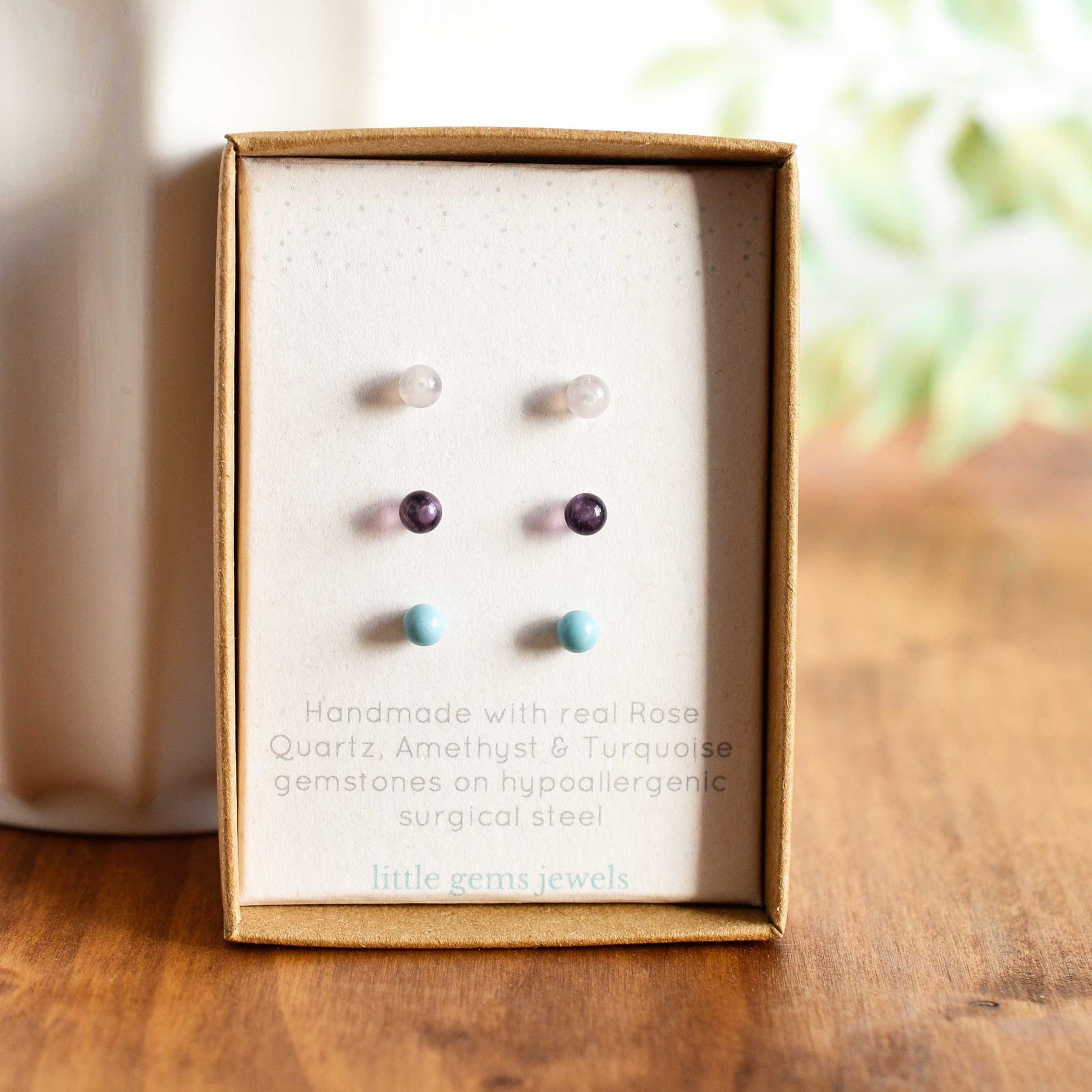 Rose Quartz, Amethyst & Turquoise gemstone stud earring set in eco friendly gift box