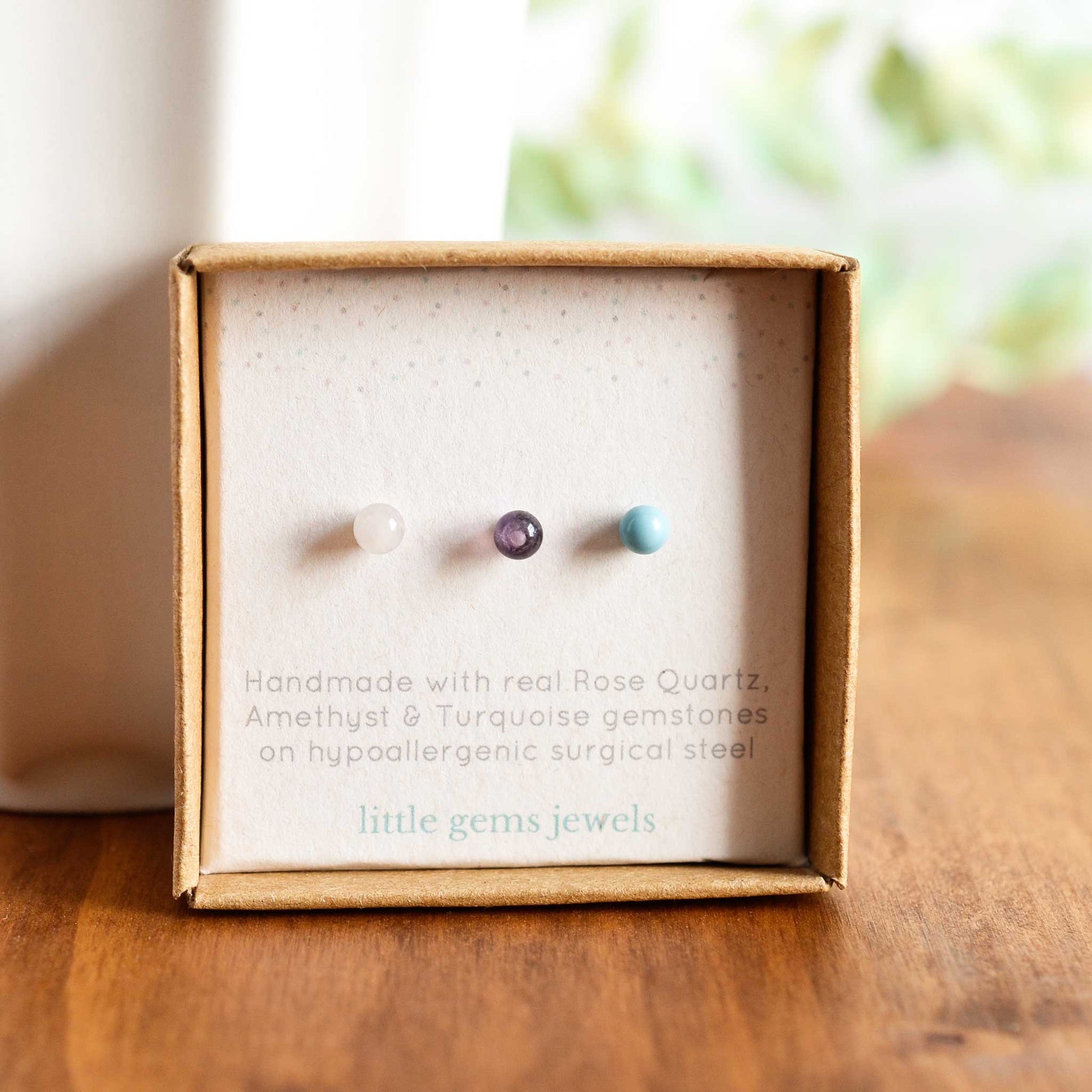 Rose Quartz, Amethyst & Turquoise single stud earrings in eco friendly gift box