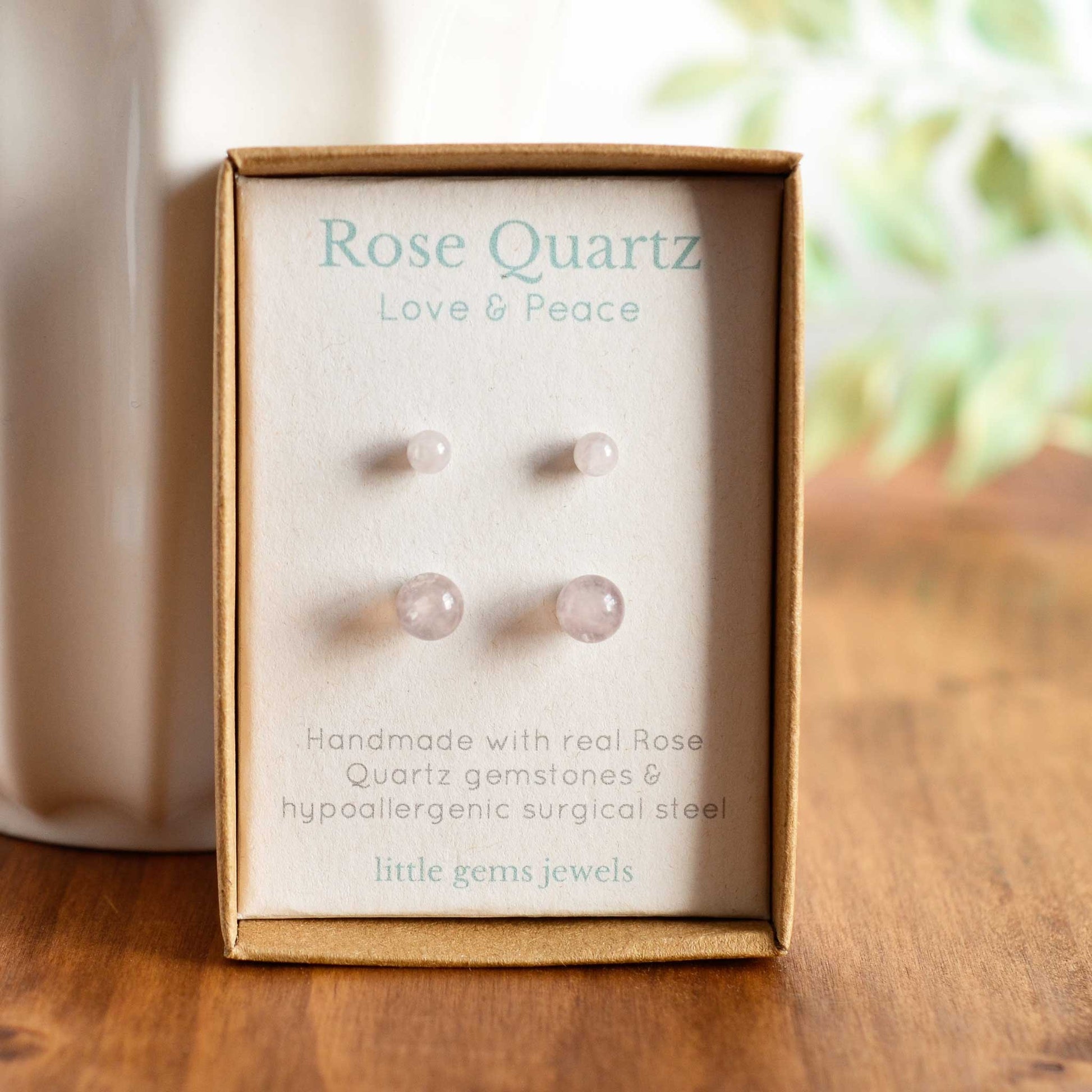 4mm & 6mm Rose Quartz gemstone stud earrings in eco friendly gift box