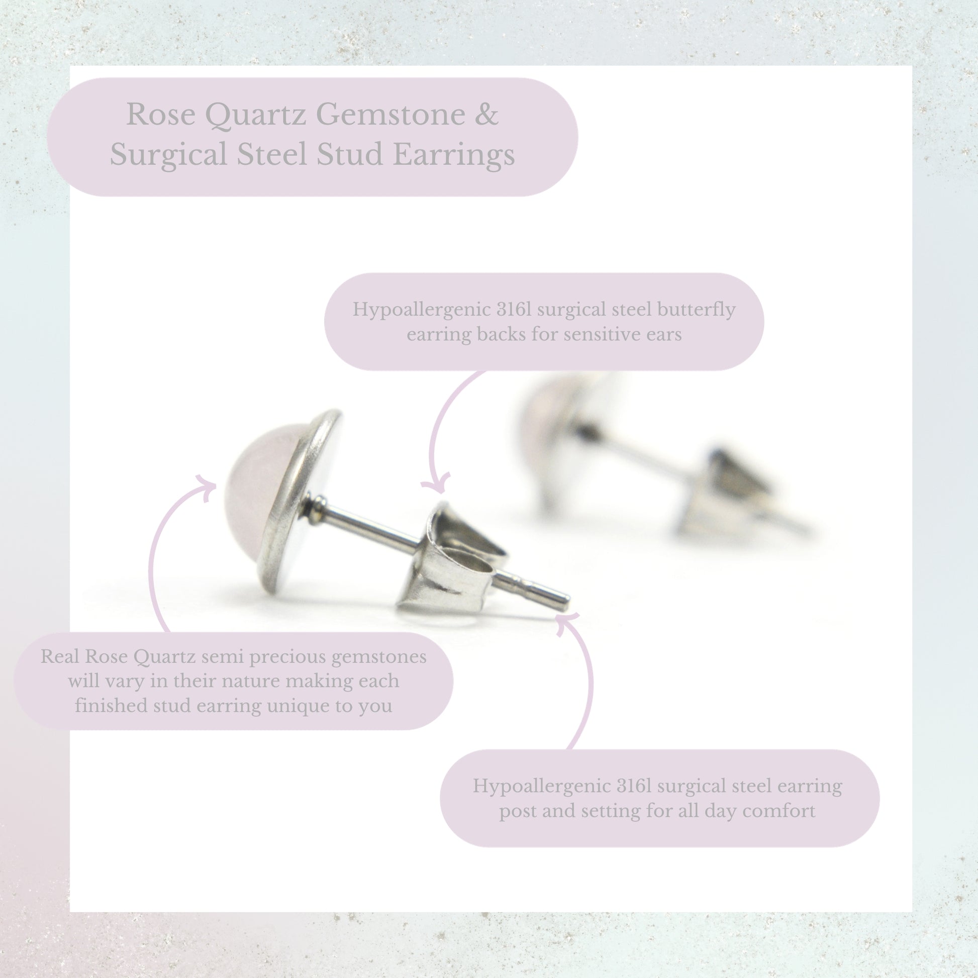 Rose Quartz Gemstone & Surgical Steel Stud Earrings Product Information Graphic