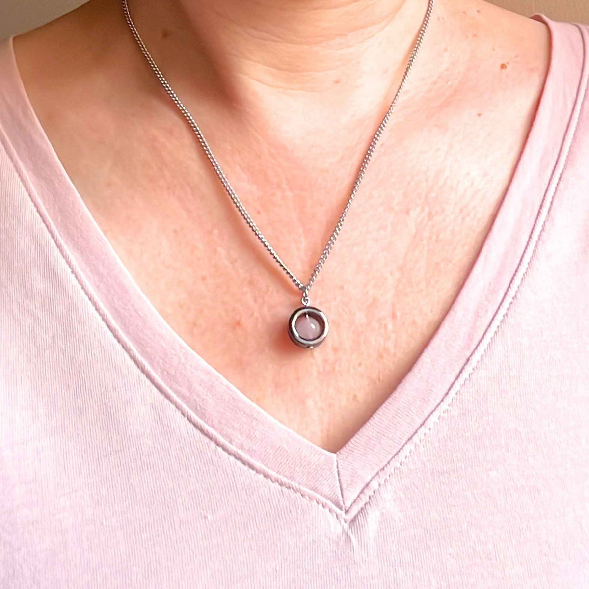 Rose Quartz Fidget Spinner Necklace & Stud Earrings Gift Set