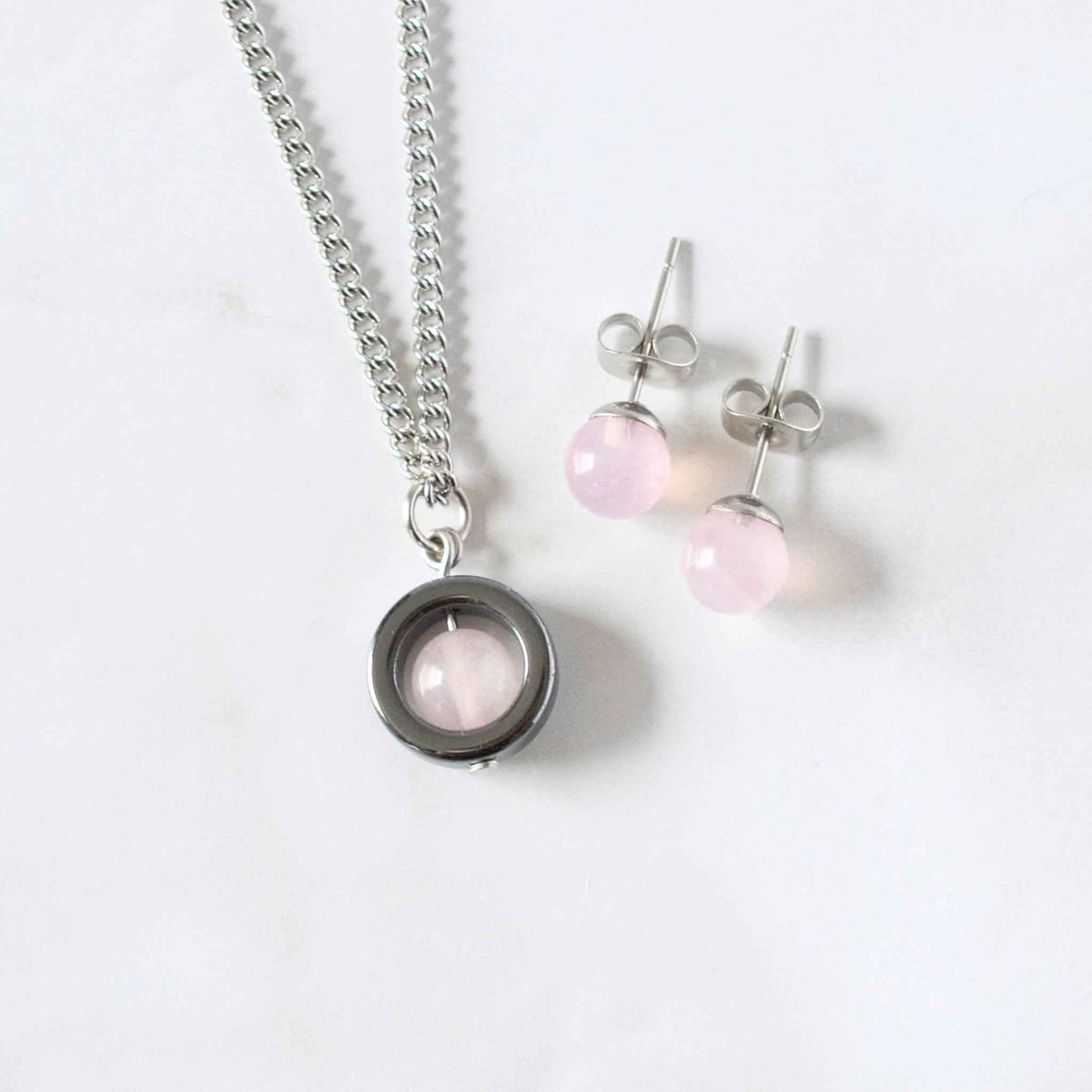 Rose Quartz Fidget Spinner Necklace & Stud Earrings Gift Set