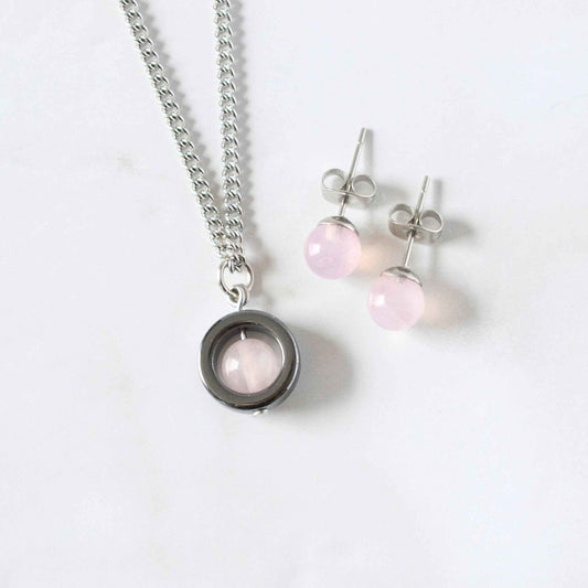 Rose Quartz Fidget Spinner Necklace & Stud Earrings Gift Set