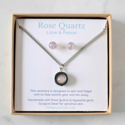 Rose Quartz Fidget Spinner Necklace & Stud Earrings Gift Set