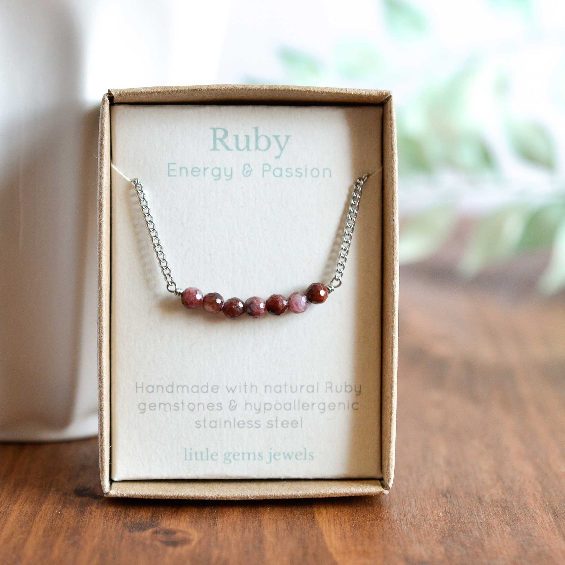 Dainty Ruby gemstone necklace in eco friendly gift box