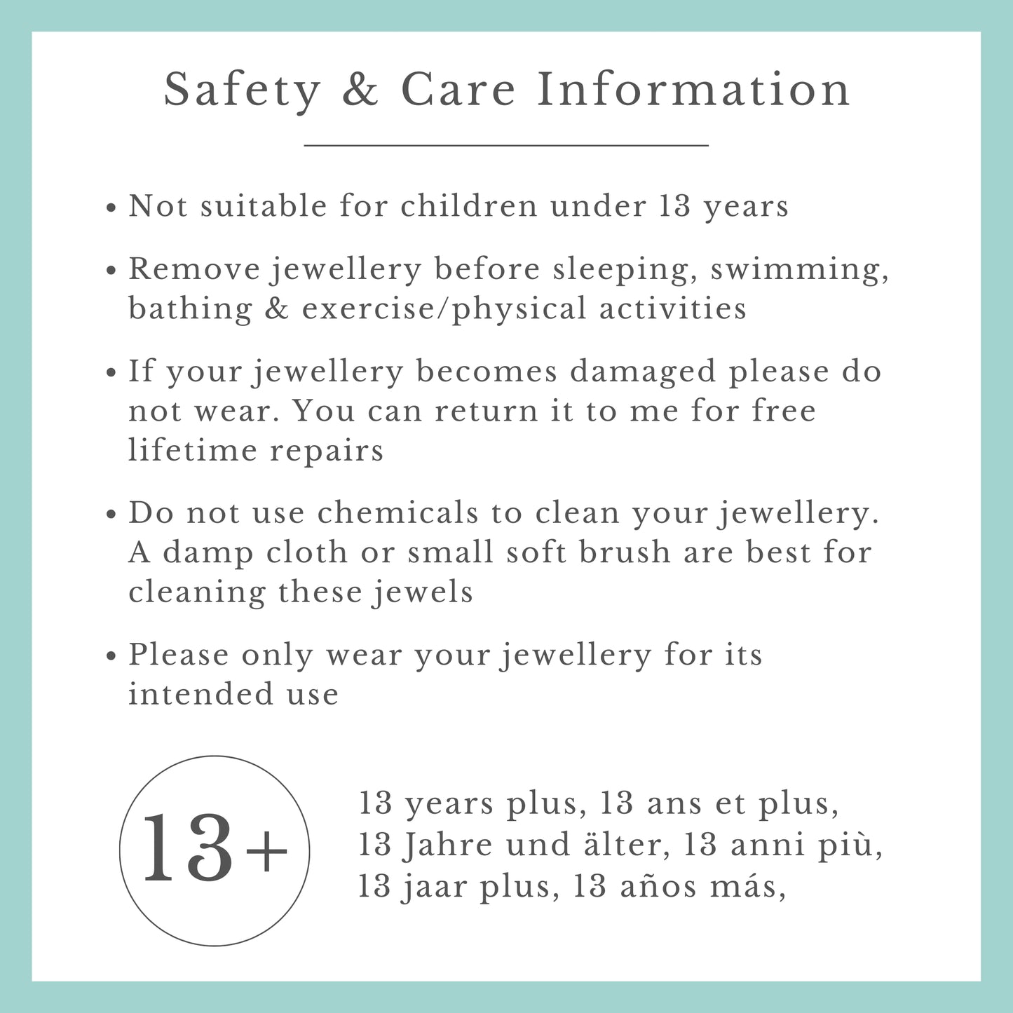 Safety and care information for jewelry on a light blue background