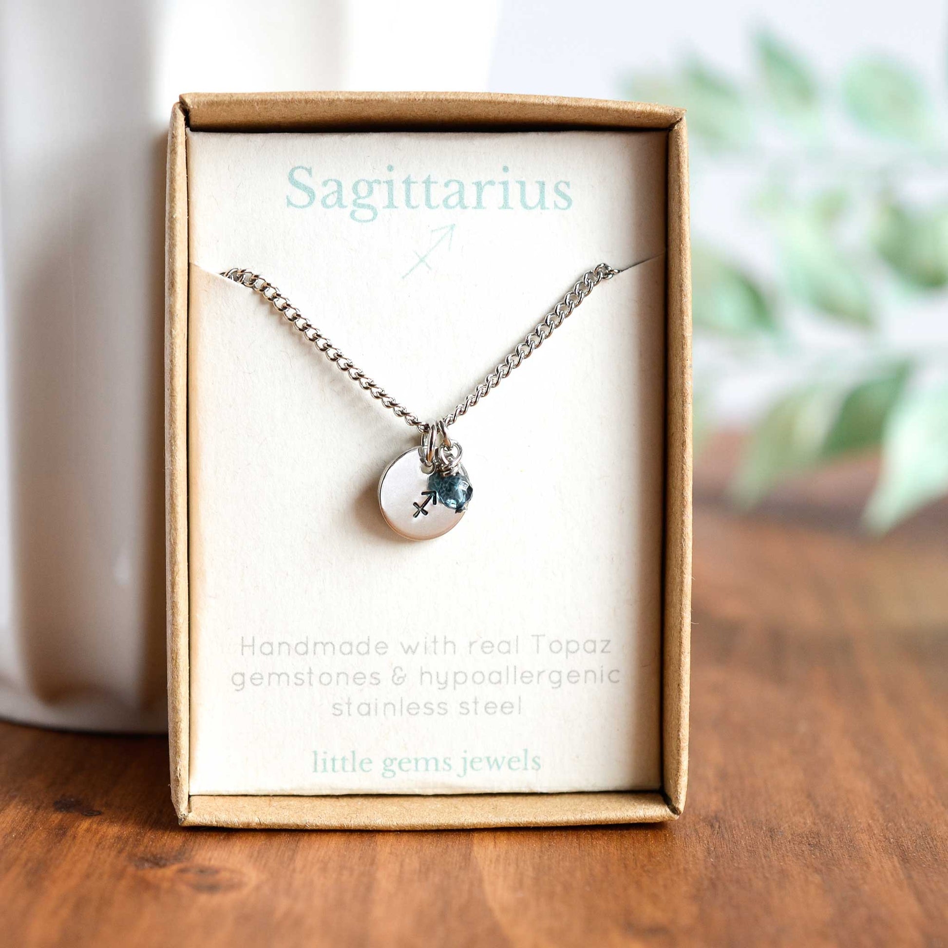 Sagittarius zodiac sign and stone necklace in eco-friendly gift box