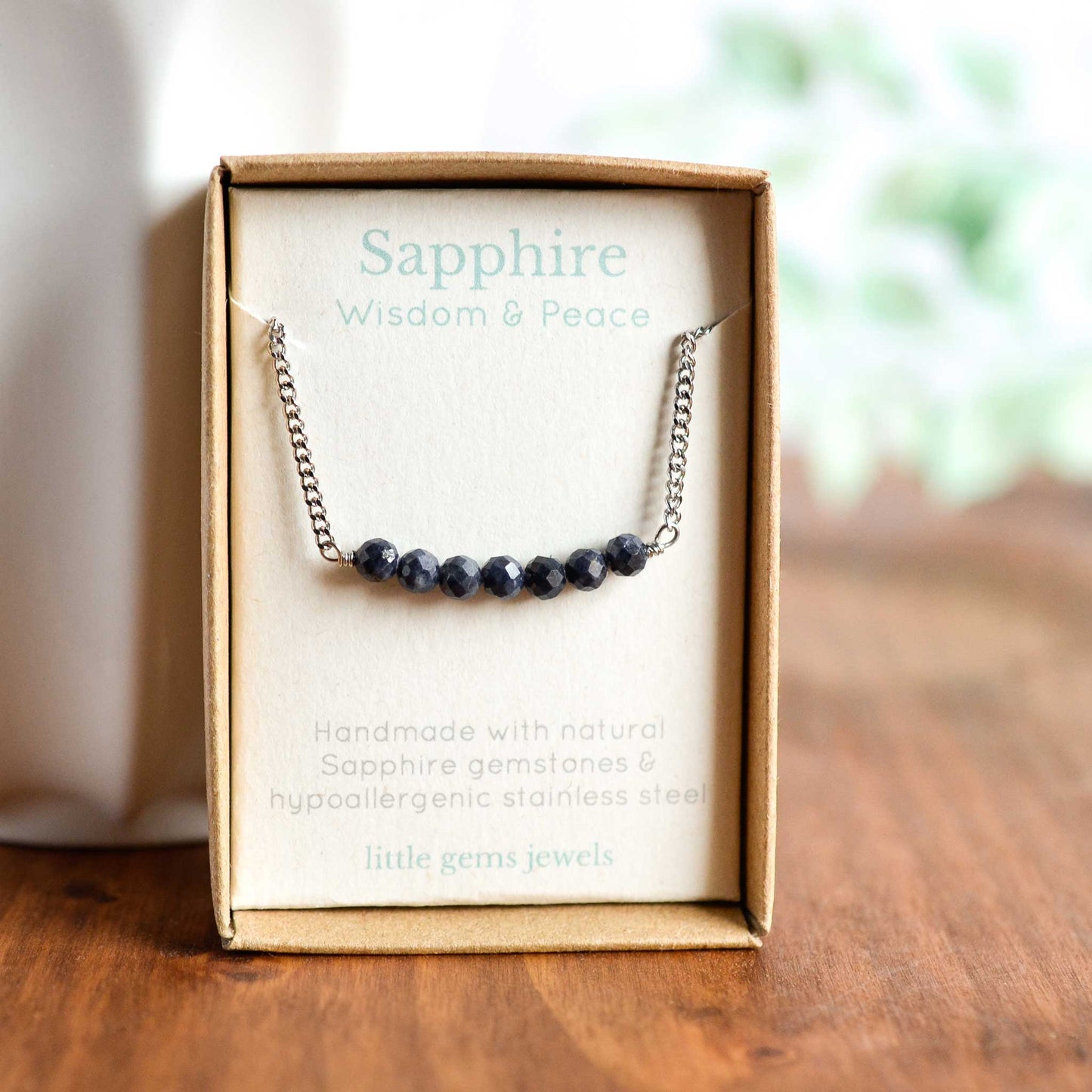 Sapphire gemstone necklace in eco friendly gift box
