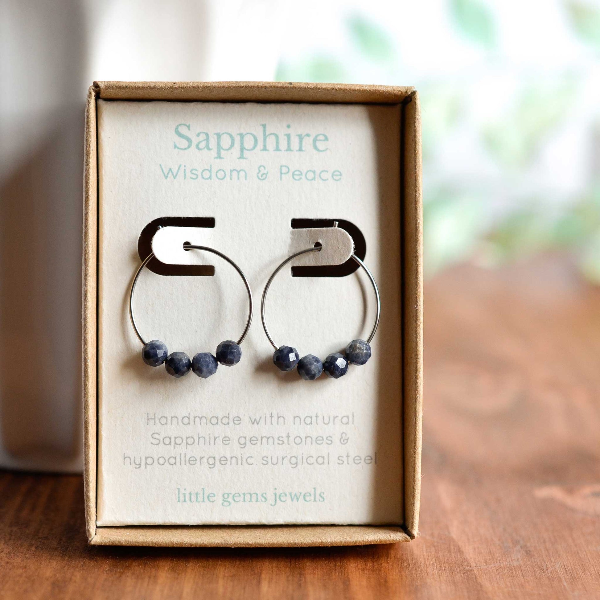 Sapphire gemstone hoop earrings in gift box
