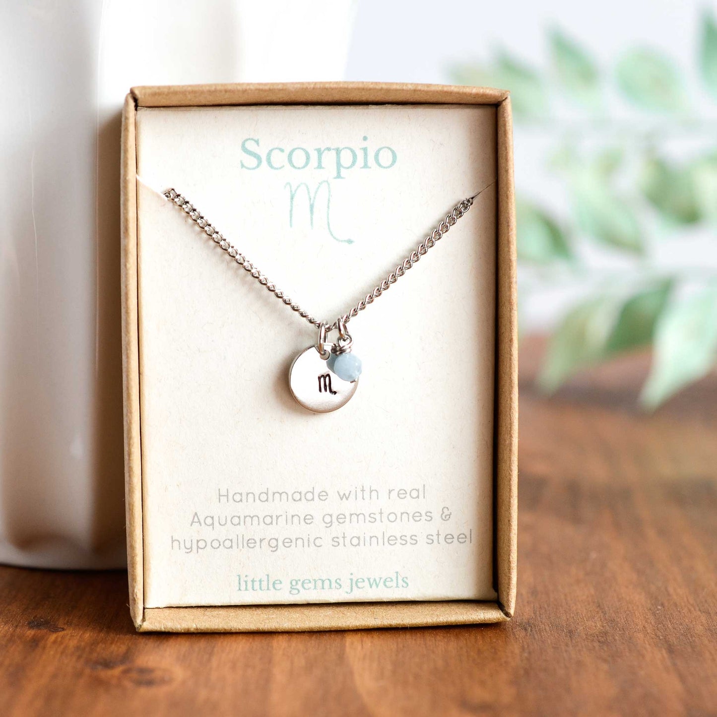 Scorpio zodiac sign and stone necklace in eco-friendly gift box