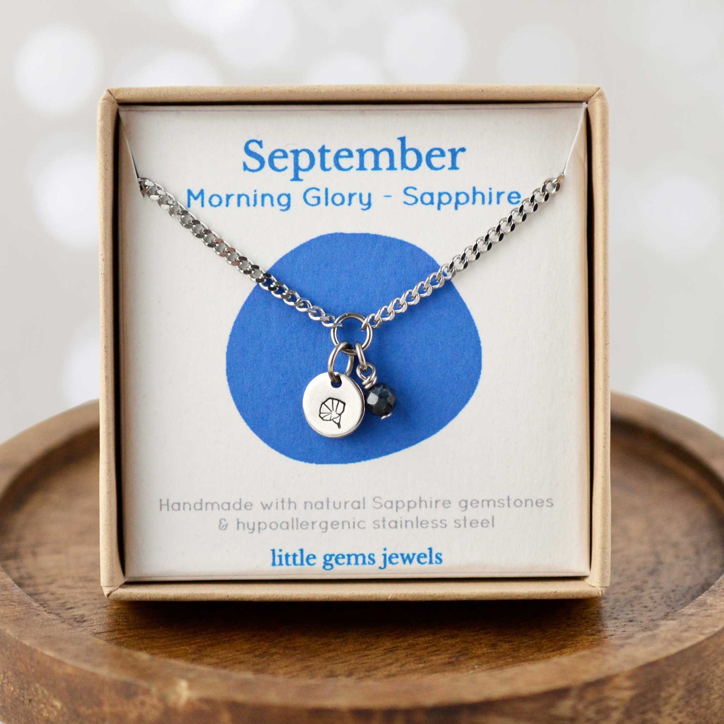 September Morning Glory Birthflower & Sapphire gemstone dainty charm necklace in eco-friendly gift box