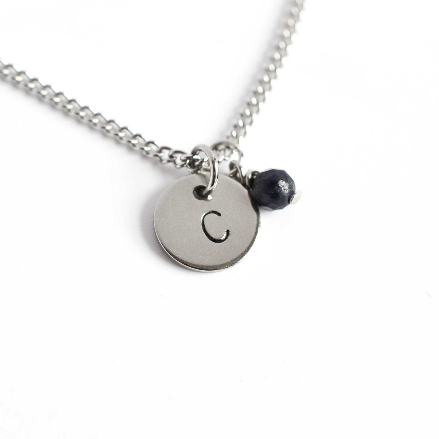 Letter C initial pendant necklace with Sapphire September birthstone charm