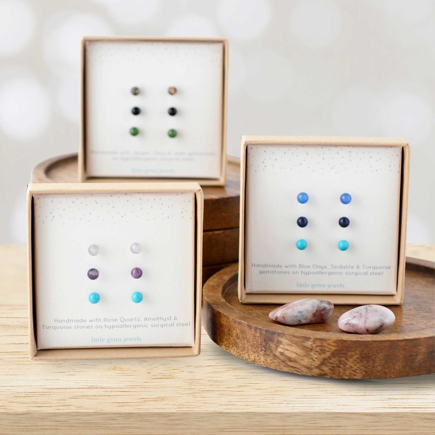 Custom Gift Set Three Pairs Of 4mm Gemstone Stud Earrings